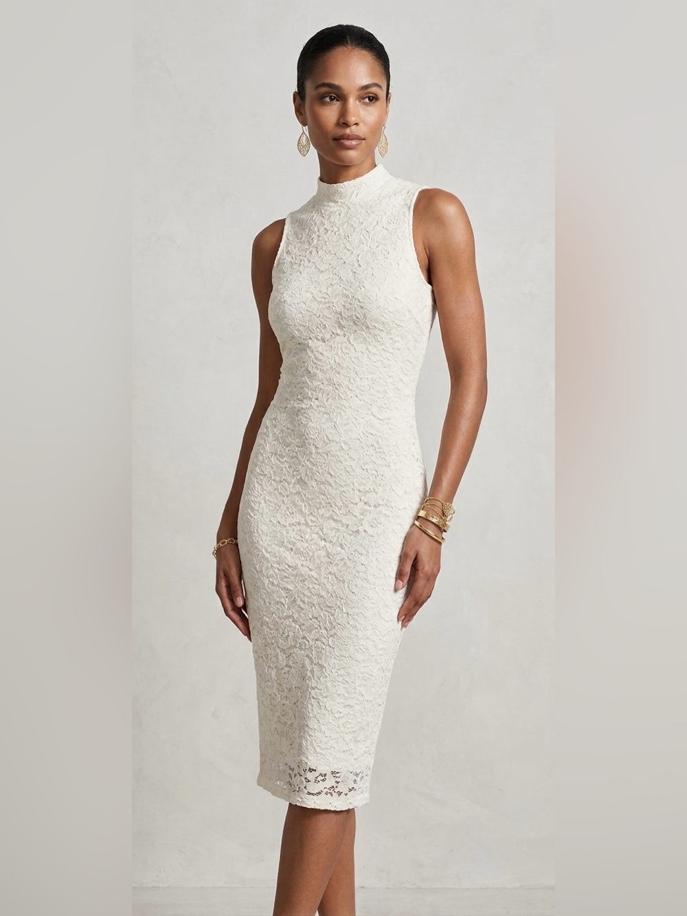 Express Mock Neck Cream Lace Midi‎ Dress Size Medium